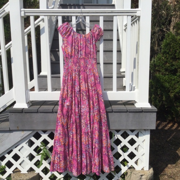 The Fox and the Mermaid Pink Floral Smocked Tiered Cotton Maxi Dress M Boho New - Picture 10 of 10